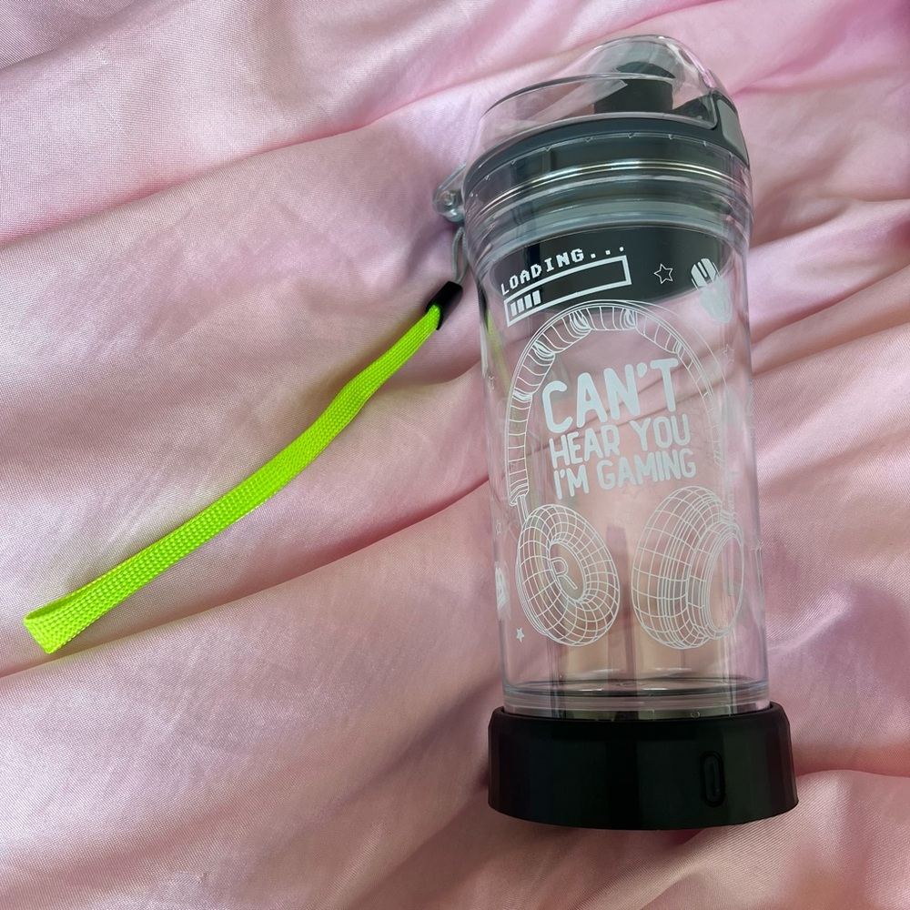 Gaming Themed Clear Light Up Water Bottle with Neon Green Strap
